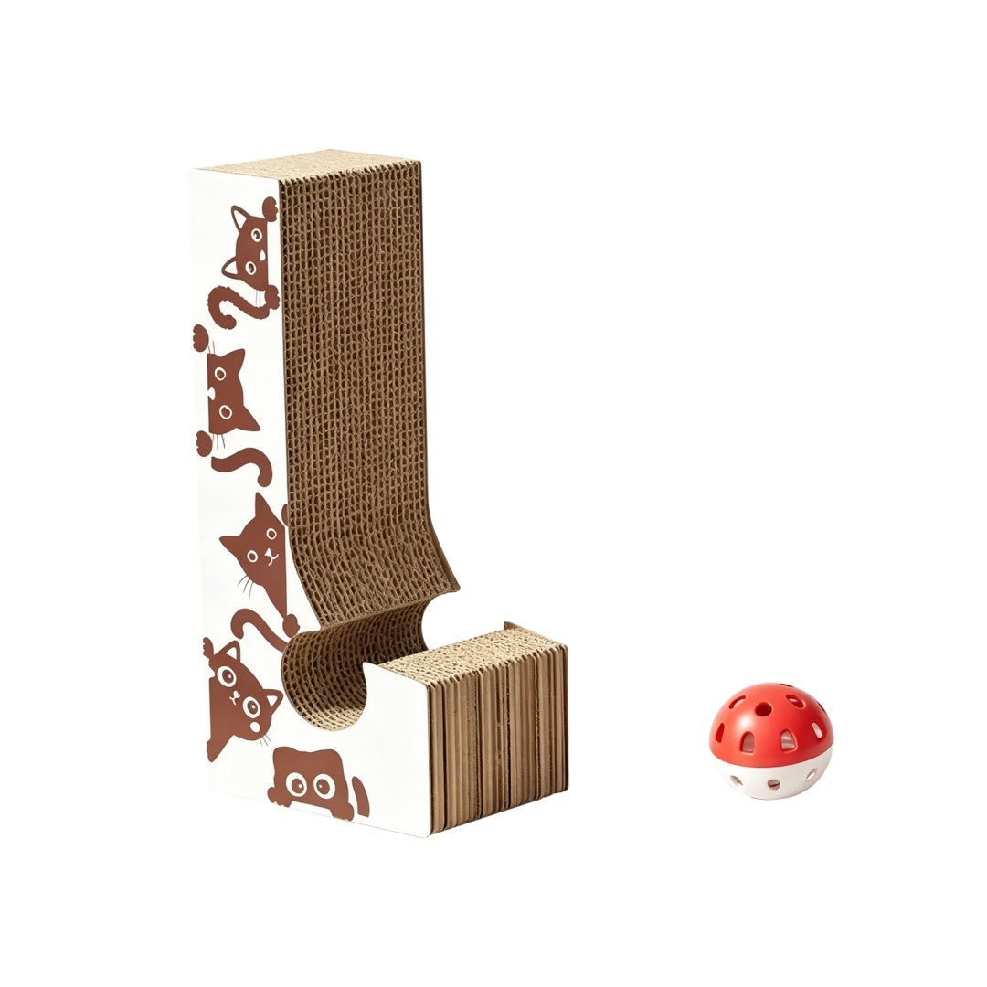 Scratcher folded flat beside its toy ball