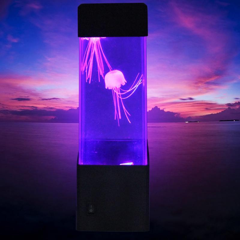 Jellyfish lamp glowing purple against a sunset backdrop