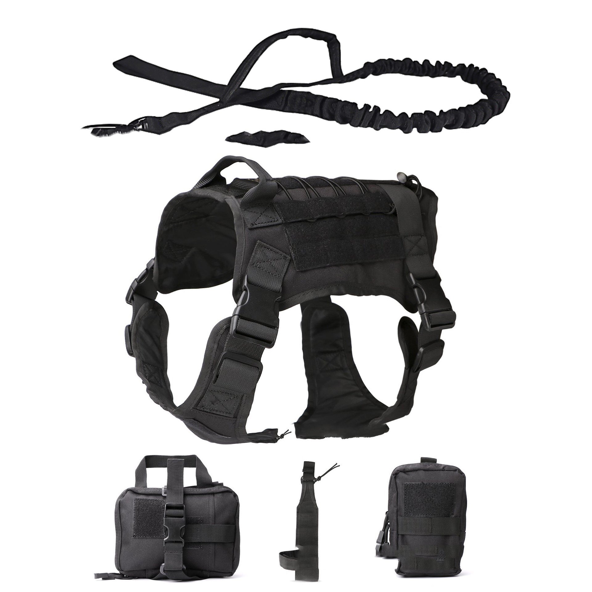 Five-Piece Tactical Harness Vest Set for Medium to Large Dogs with Leash and Storage Pouches