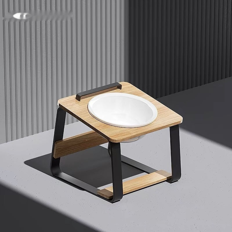 Raised Ceramic Double-Bowl Cat Feeder with Wooden Stand for Neck and Posture Support