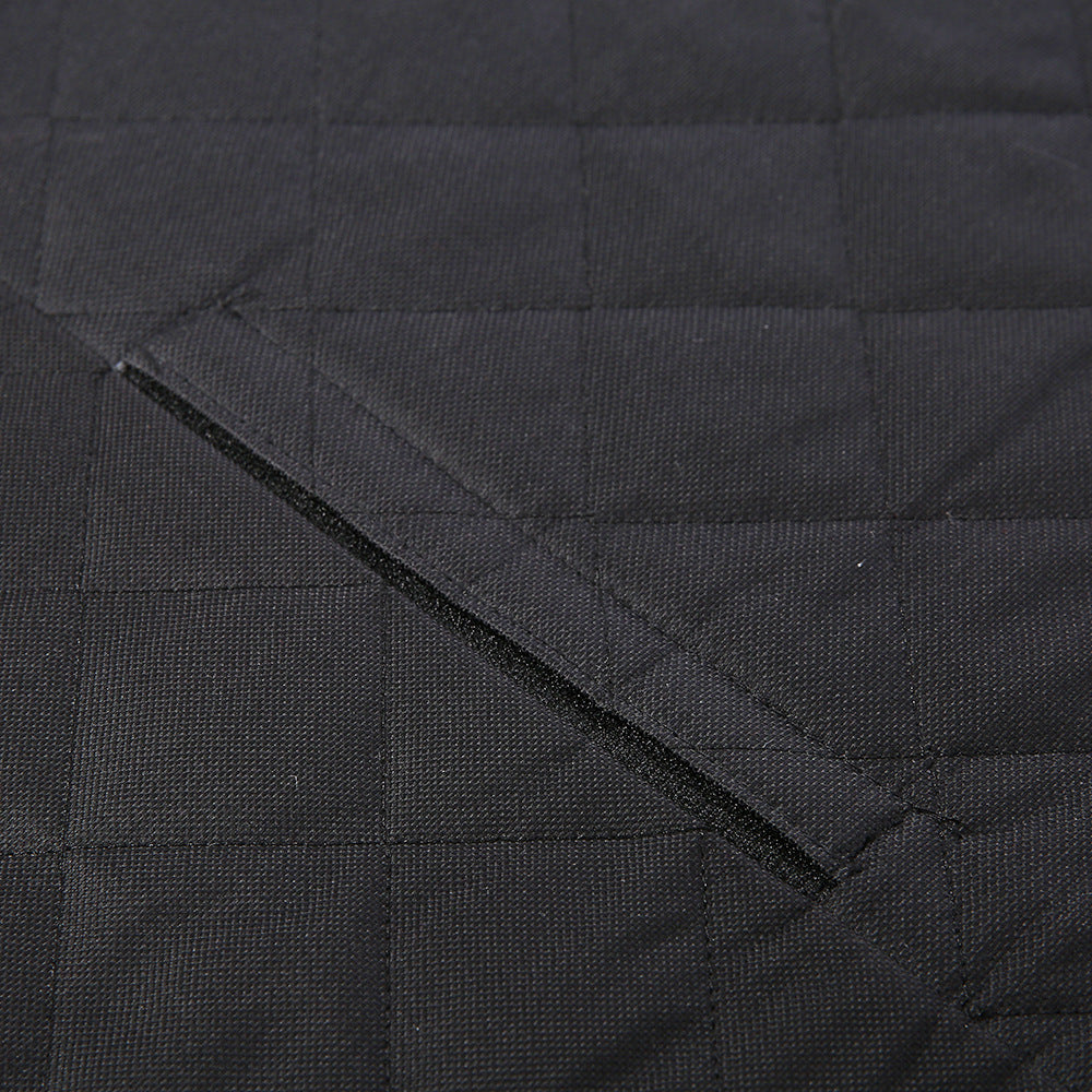 Close-up of the quilted black fabric and centre zip