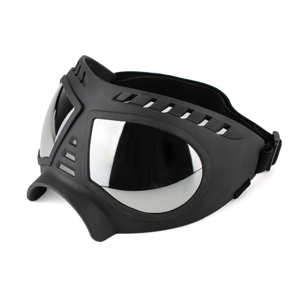 Black frame goggles with clear lens, side view