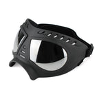 Black frame goggles with clear lens, side view
