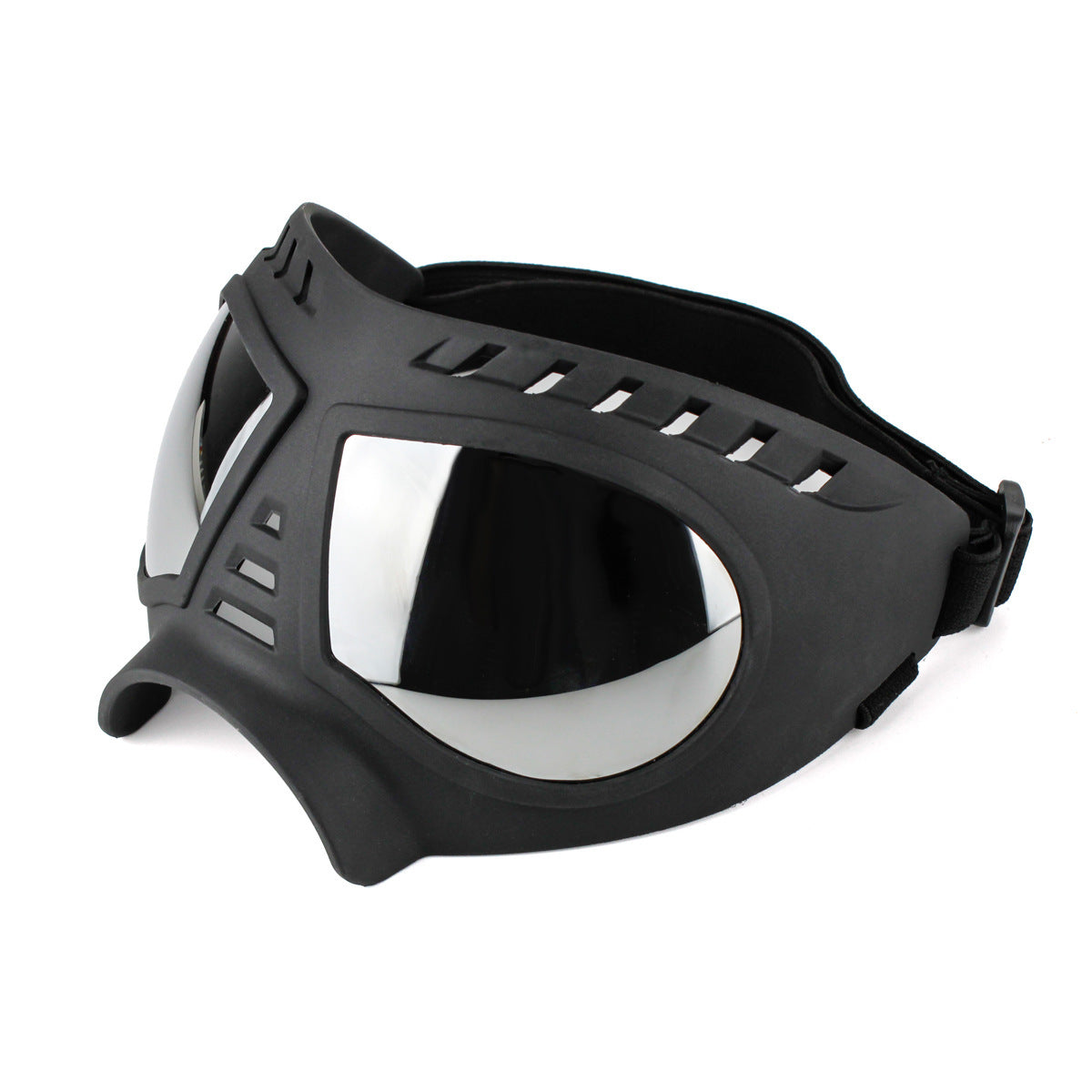 Black frame goggles with clear lens, side view