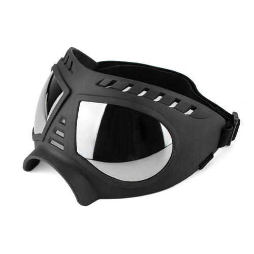 Black frame goggles with clear lens, side view