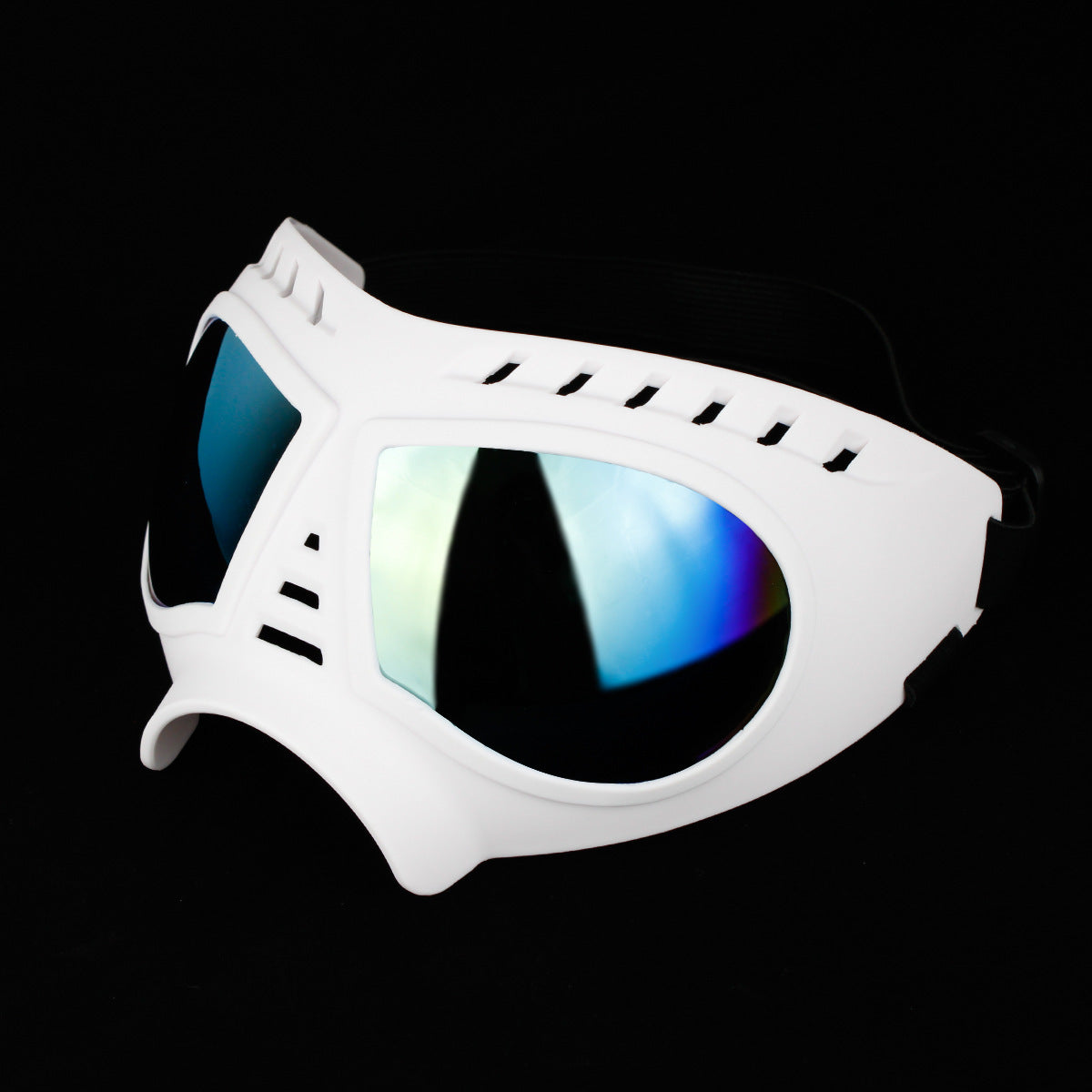 White frame goggles with blue lens on a black background