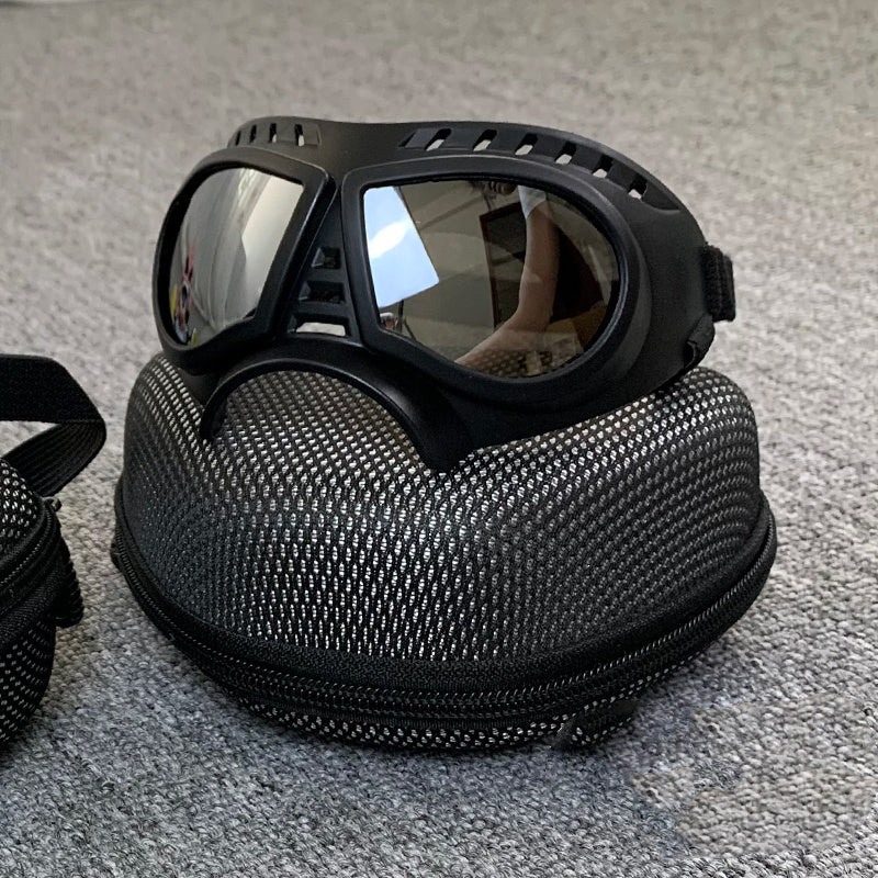 Brown lens goggles resting on the black mesh carry case