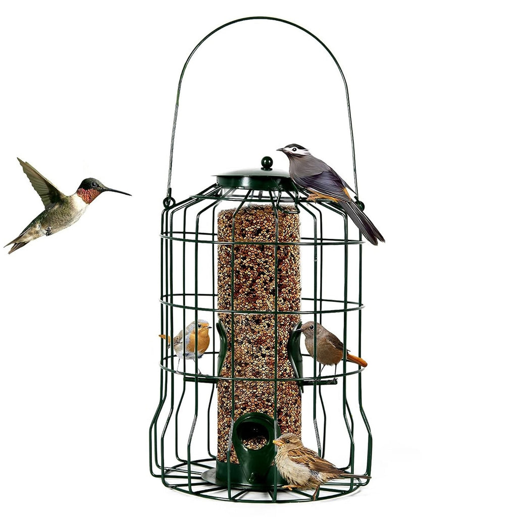 Metal Caged Hanging Bird Feeder with 4 Feeding Ports, Squirrel Resistant Design for Small Songbirds