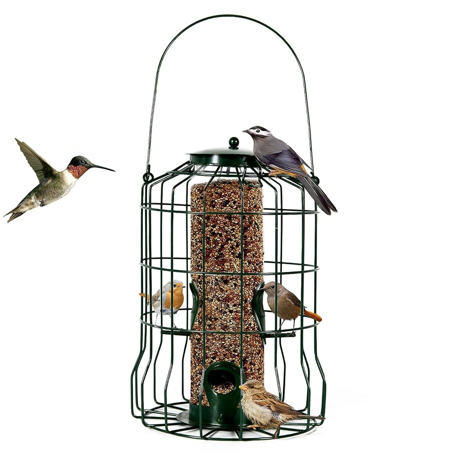 Metal Caged Hanging Bird Feeder with 4 Feeding Ports, Squirrel Resistant Design for Small Songbirds
