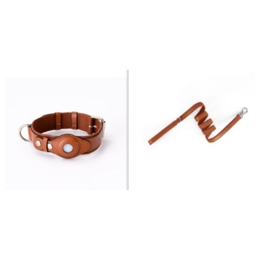 Pet Collar in Leather and Fabric with a Built-In Case for Round Coin-Style Location Trackers