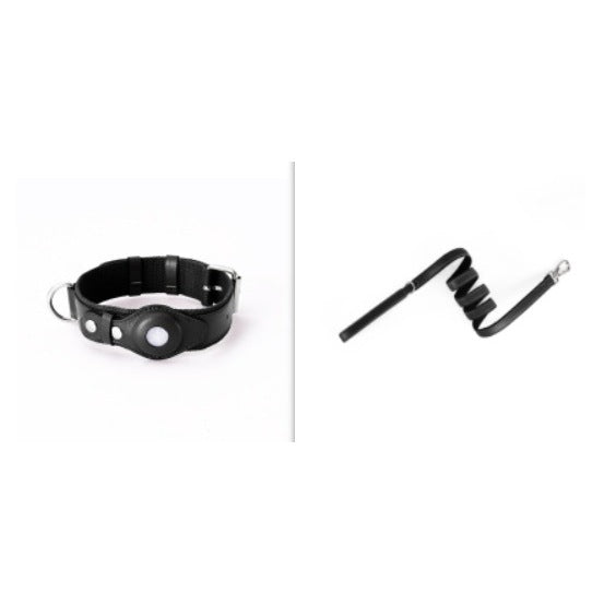 Pet Collar in Leather and Fabric with a Built-In Case for Round Coin-Style Location Trackers