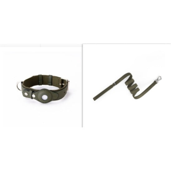 Pet Collar in Leather and Fabric with a Built-In Case for Round Coin-Style Location Trackers