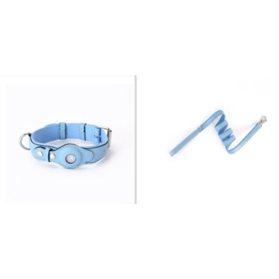 Pet Collar in Leather and Fabric with a Built-In Case for Round Coin-Style Location Trackers