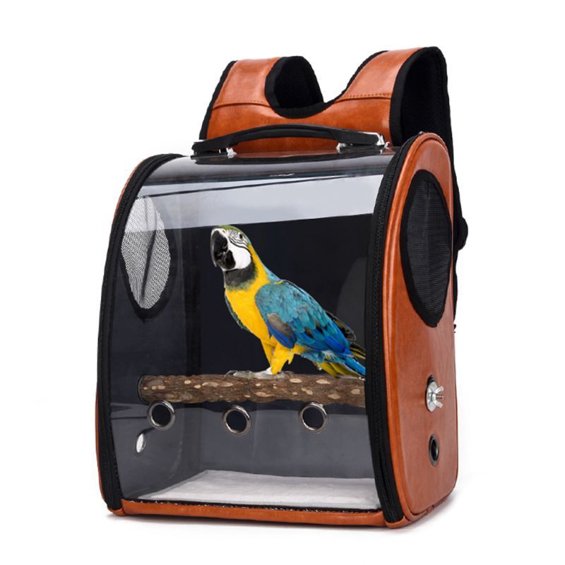 Brown carrier backpack with a macaw perched inside