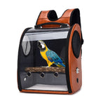 Brown carrier backpack with a macaw perched inside