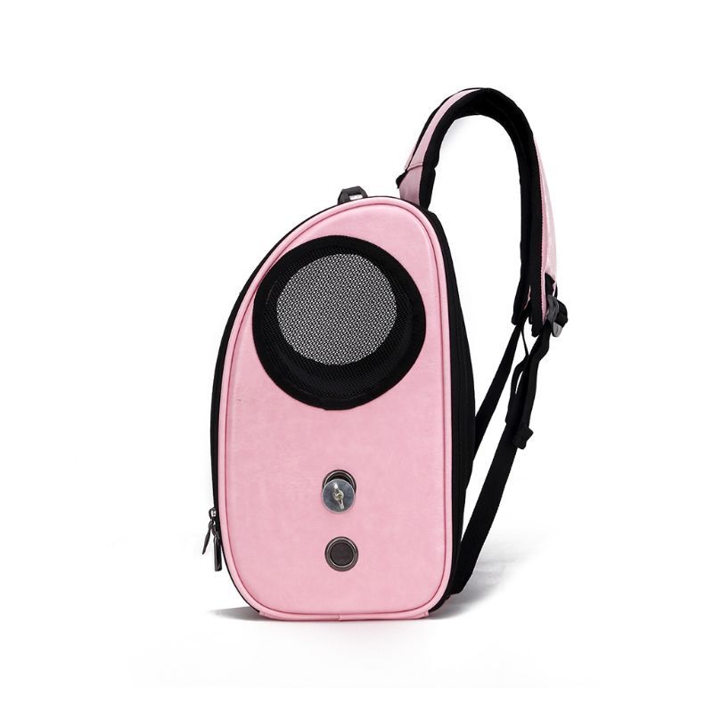 Pink carrier worn as a backpack, side view