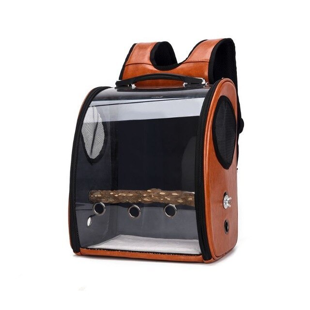 Brown carrier with a wooden perch fitted inside