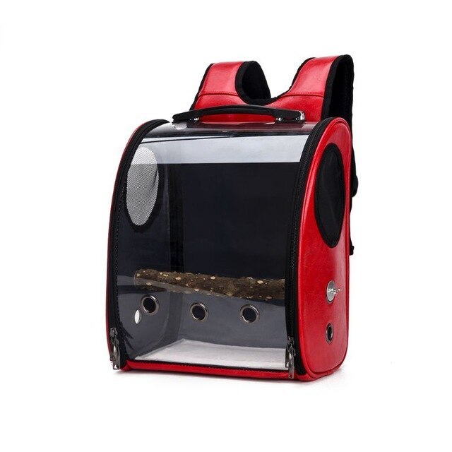 Red carrier with a wooden perch fitted inside