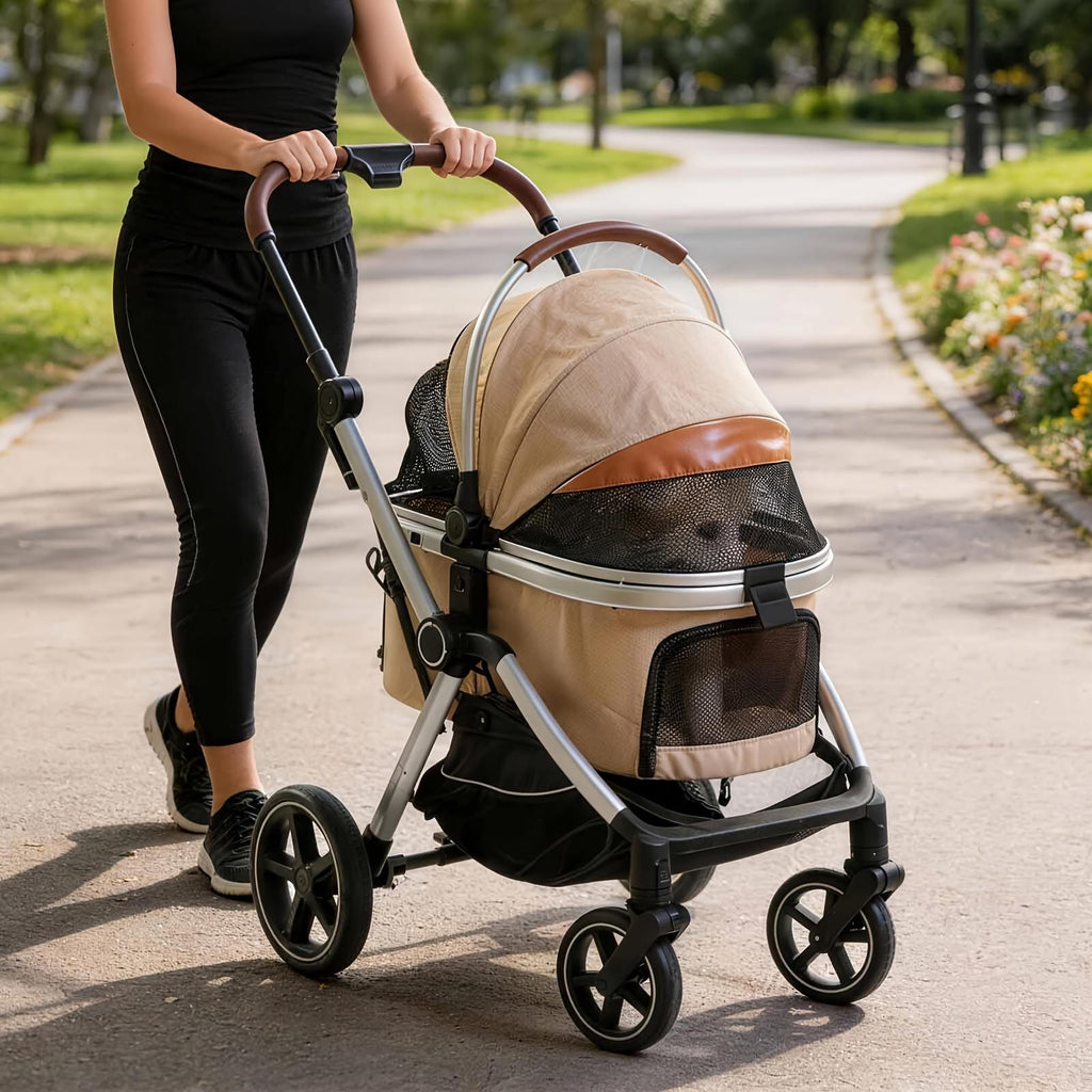 Person pushing the stroller with the canopy raised