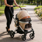 Person pushing the stroller with the canopy raised