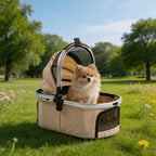 The detached carrier basket on grass with a pomeranian