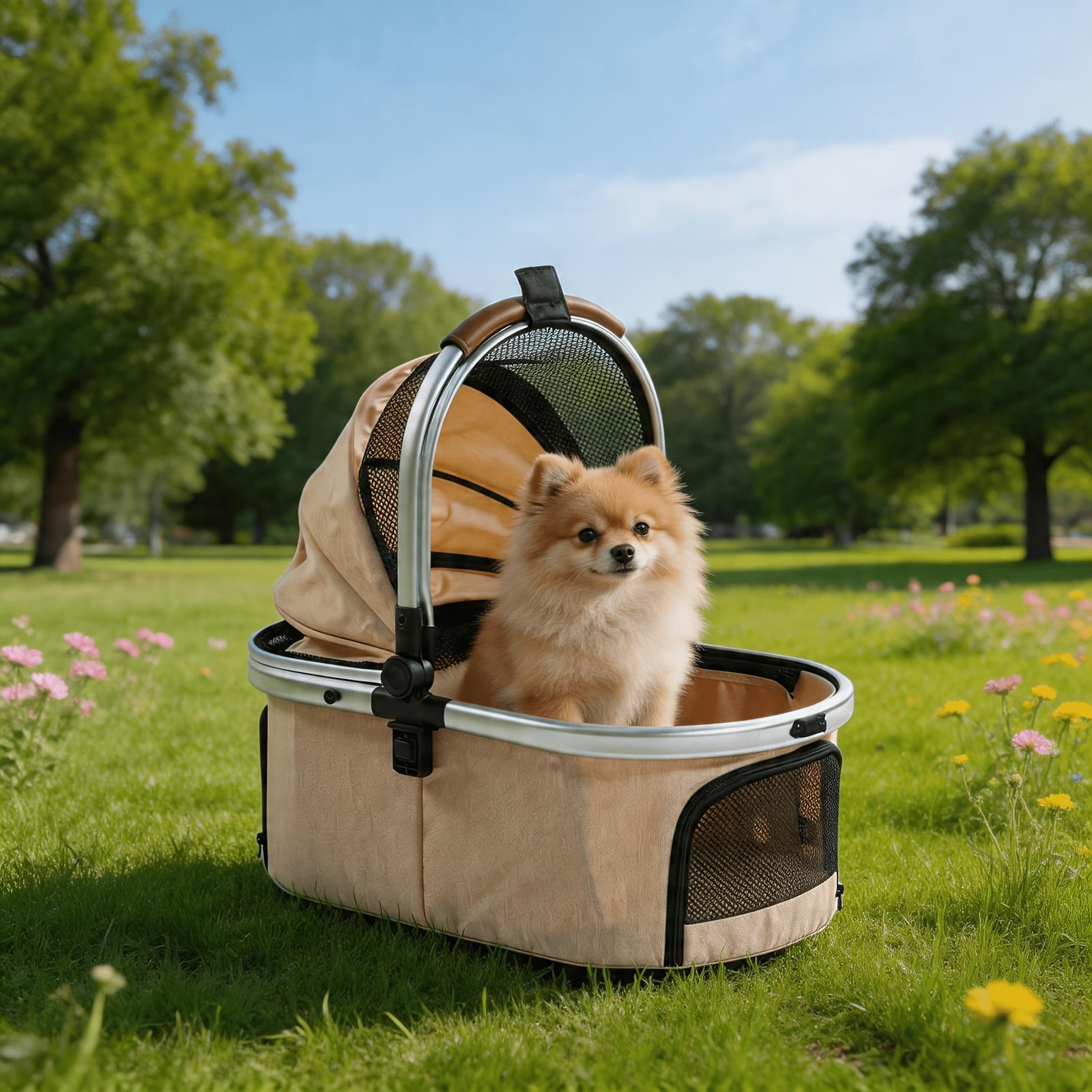 The detached carrier basket on grass with a pomeranian