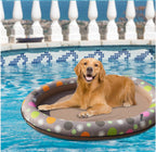 Golden retriever lying on the float in a swimming pool