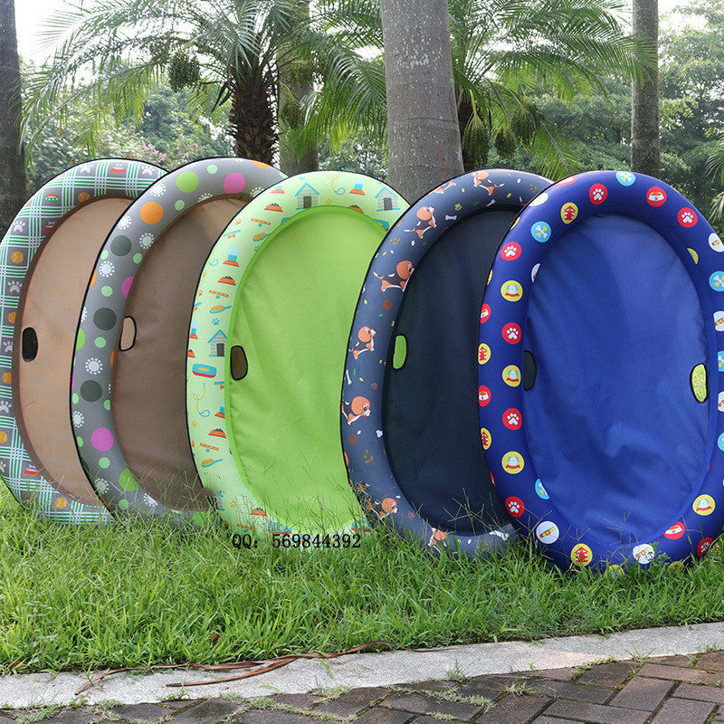 Five floats stacked on grass in different patterns