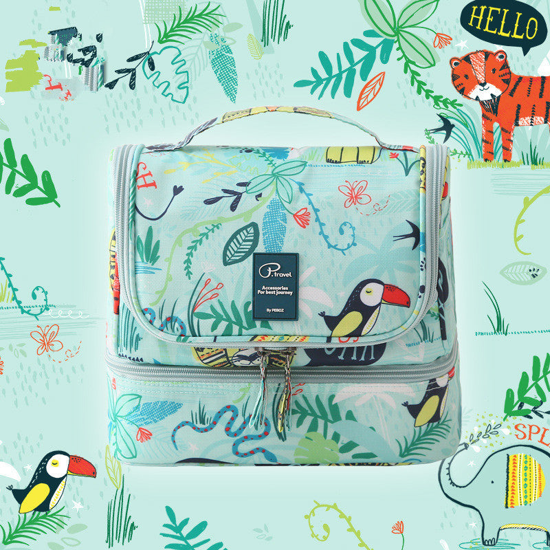 Jungle print wash bag with carry handle, front view