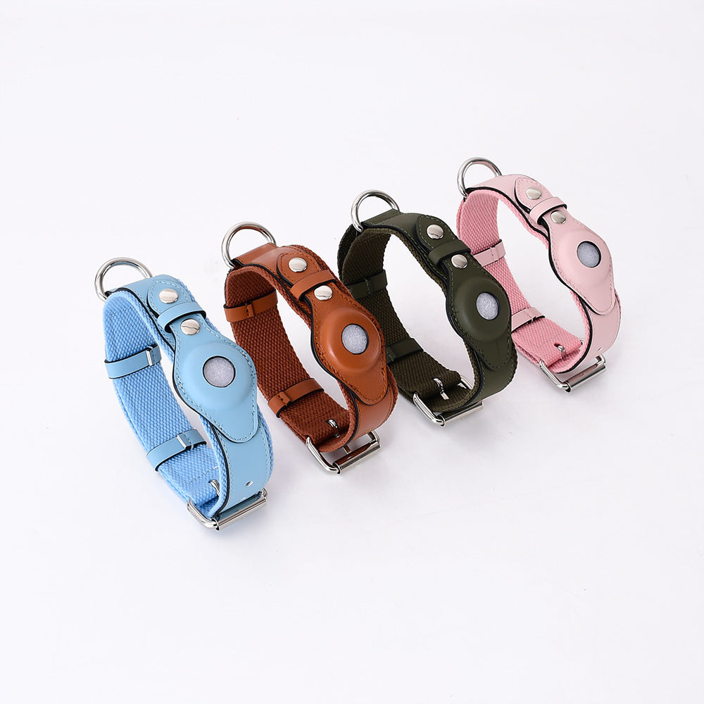 Five leather tracker collars lined up in blue, brown, olive and pink