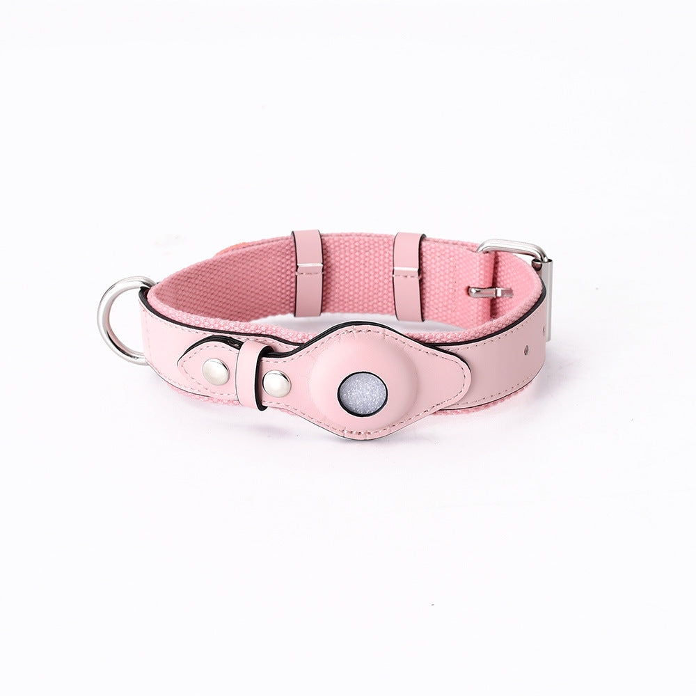 Pink leather tracker collar laid flat, front view