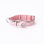 Pink leather tracker collar laid flat, front view