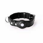 Black leather tracker collar, holder closed, front view