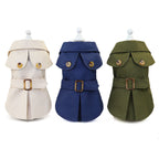 Three trench-style coats in cream, navy and olive