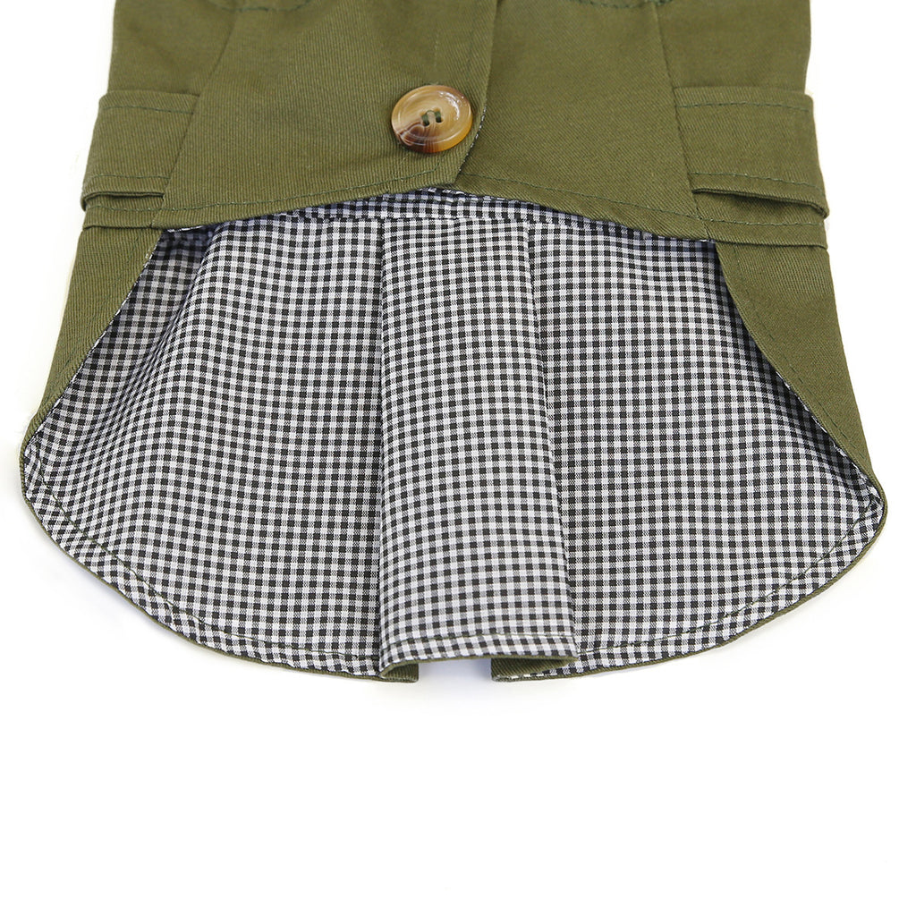 Olive coat lifted to show the checked inner lining