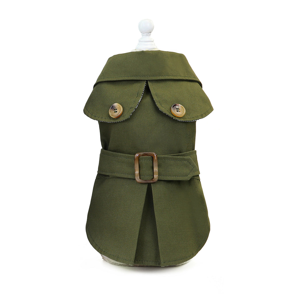 Olive coat on a mannequin with belt fastened