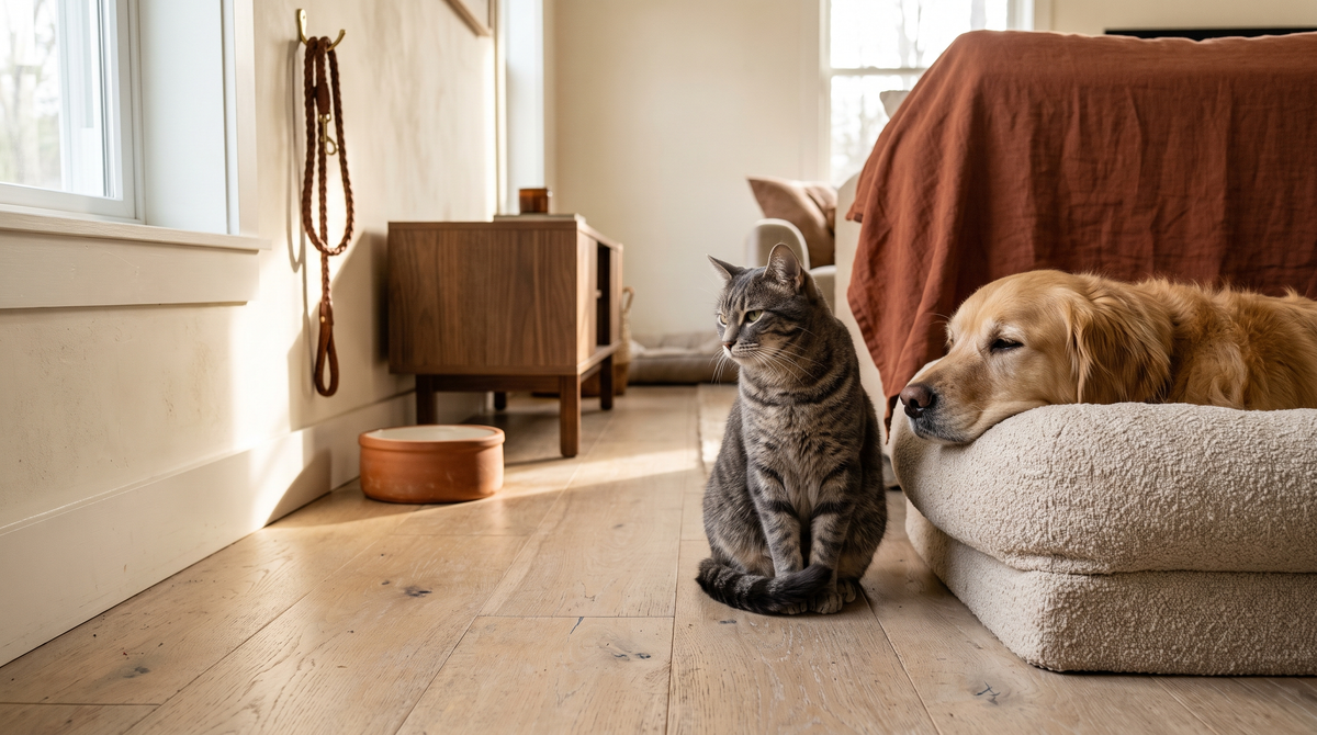 A golden retriever resting in an oatmeal dog bed with a grey tabby cat sitting beside it in a sunlit living room