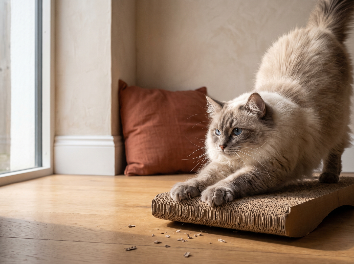 A cream and grey ragdoll cat stretching against a cardboard scratcher