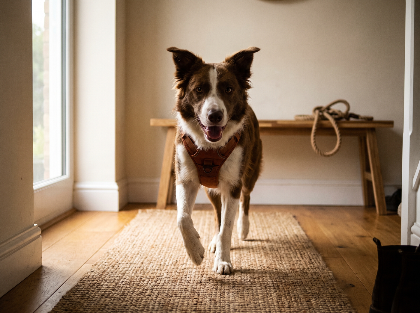 A border collie mix in a rust harness walking toward the camera down a bright hallway