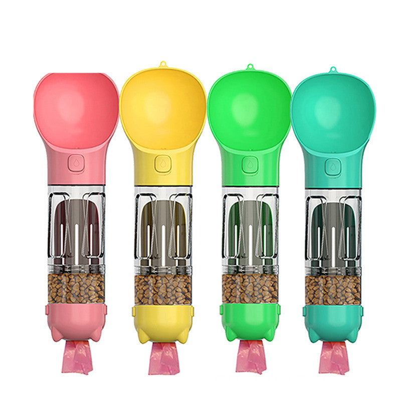 Four bottles lined up with the food compartments filled