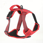 Red harness laid flat with reflective stripes