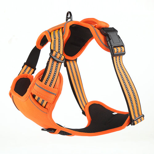 Orange harness laid flat with reflective stripes