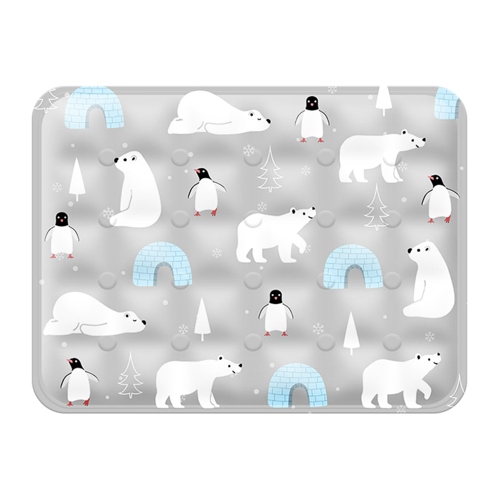 Grey cooling mat printed with polar bears and penguins