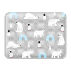 Grey cooling mat printed with polar bears and penguins