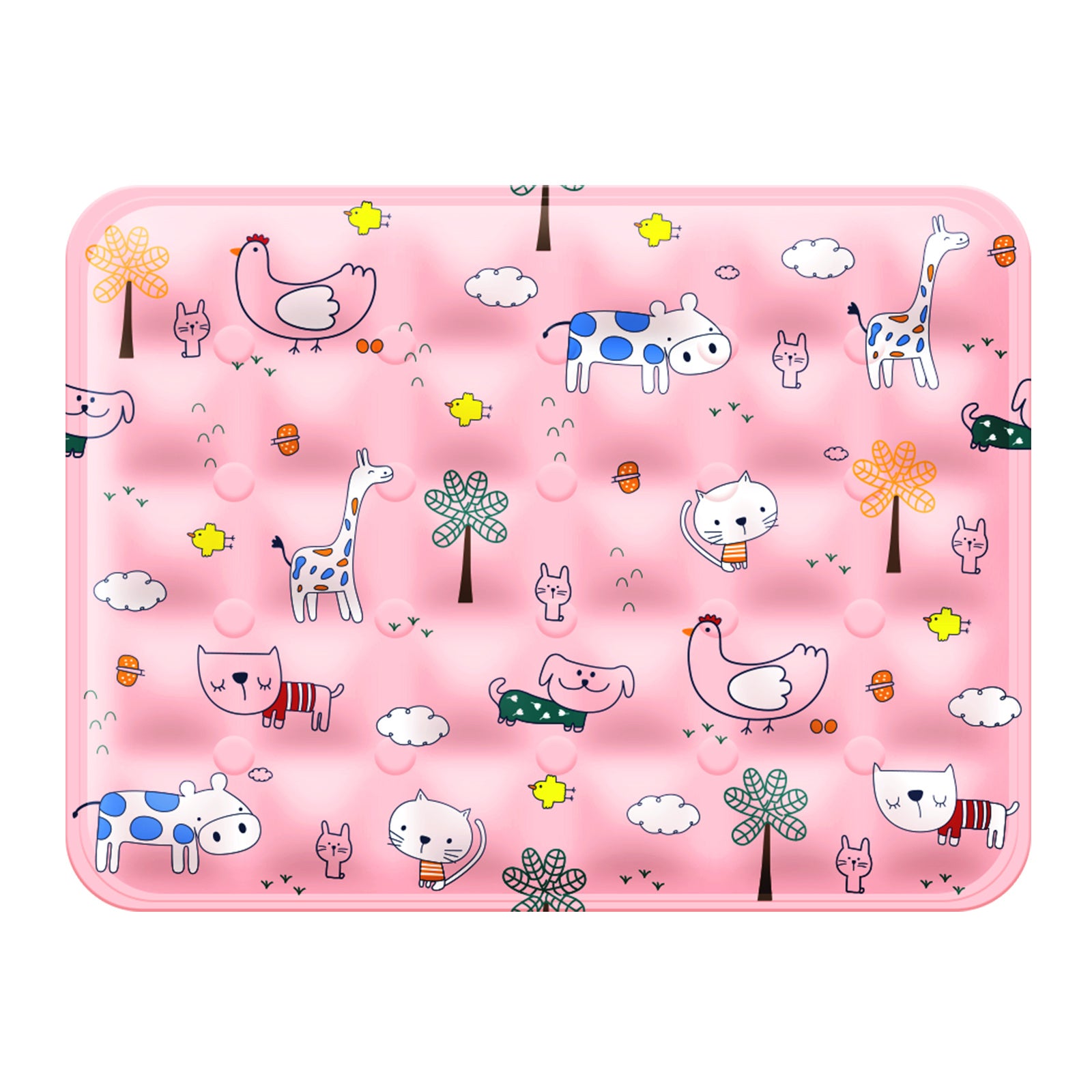 Pink cooling mat printed with farm animals
