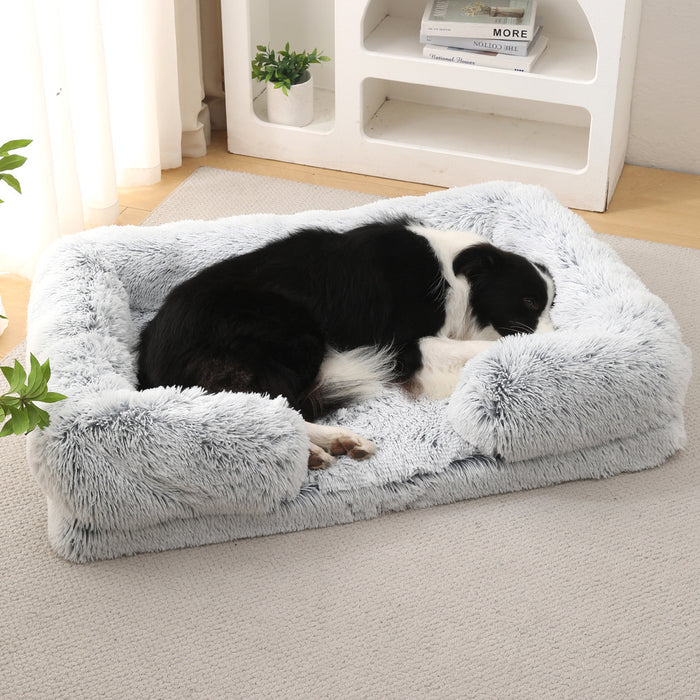 Border collie lying on the gray plush sofa bed