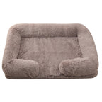 Taupe plush sofa bed with raised bolster edge