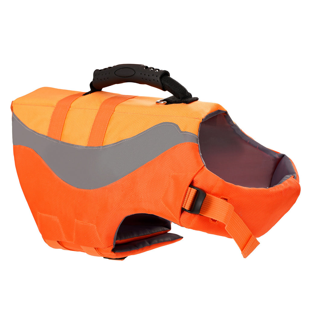 Orange life jacket laid flat with its grab handle