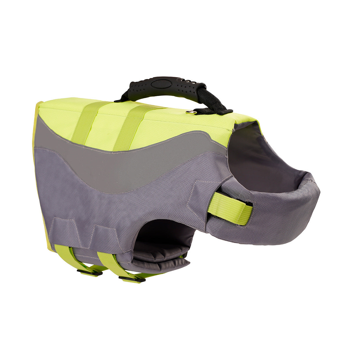 Grey and green life jacket laid flat, side view