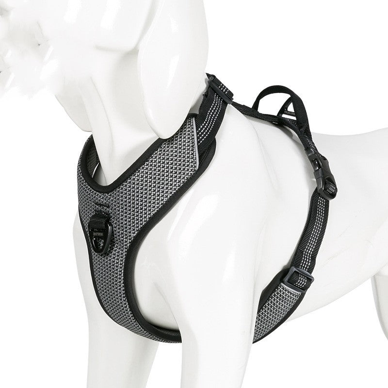 Black and grey mesh harness fitted on a white mannequin